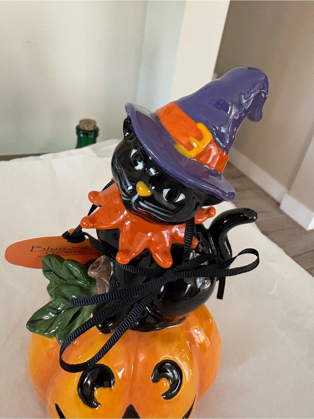 Blue Sky Halloween Black Cat Witch Jack O Lantern Pumpkin Figurine 8" Decor New - Picture 9 of 11